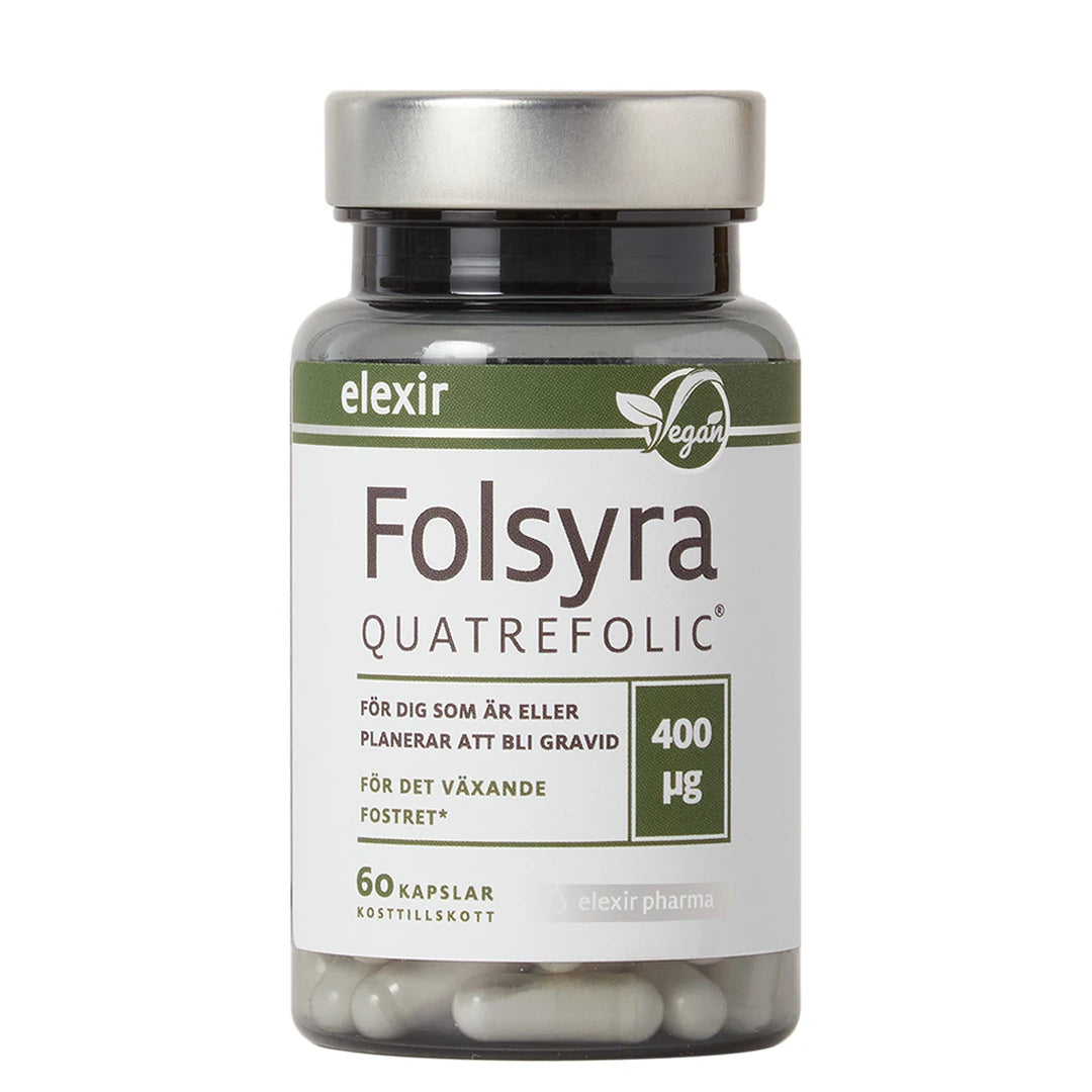 Elexir Pharma Folsyra 60 caps pakket i en mørk plastboks med sølvfarget lokk, hvit etikett og grønne detaljer.