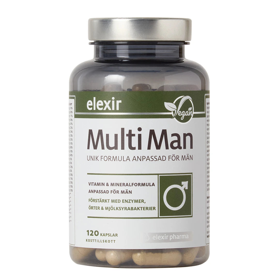 Elexir Pharma Multi Man 120 caps multivitamin i en mørk, gjennomsiktig boks med sølvlokk.