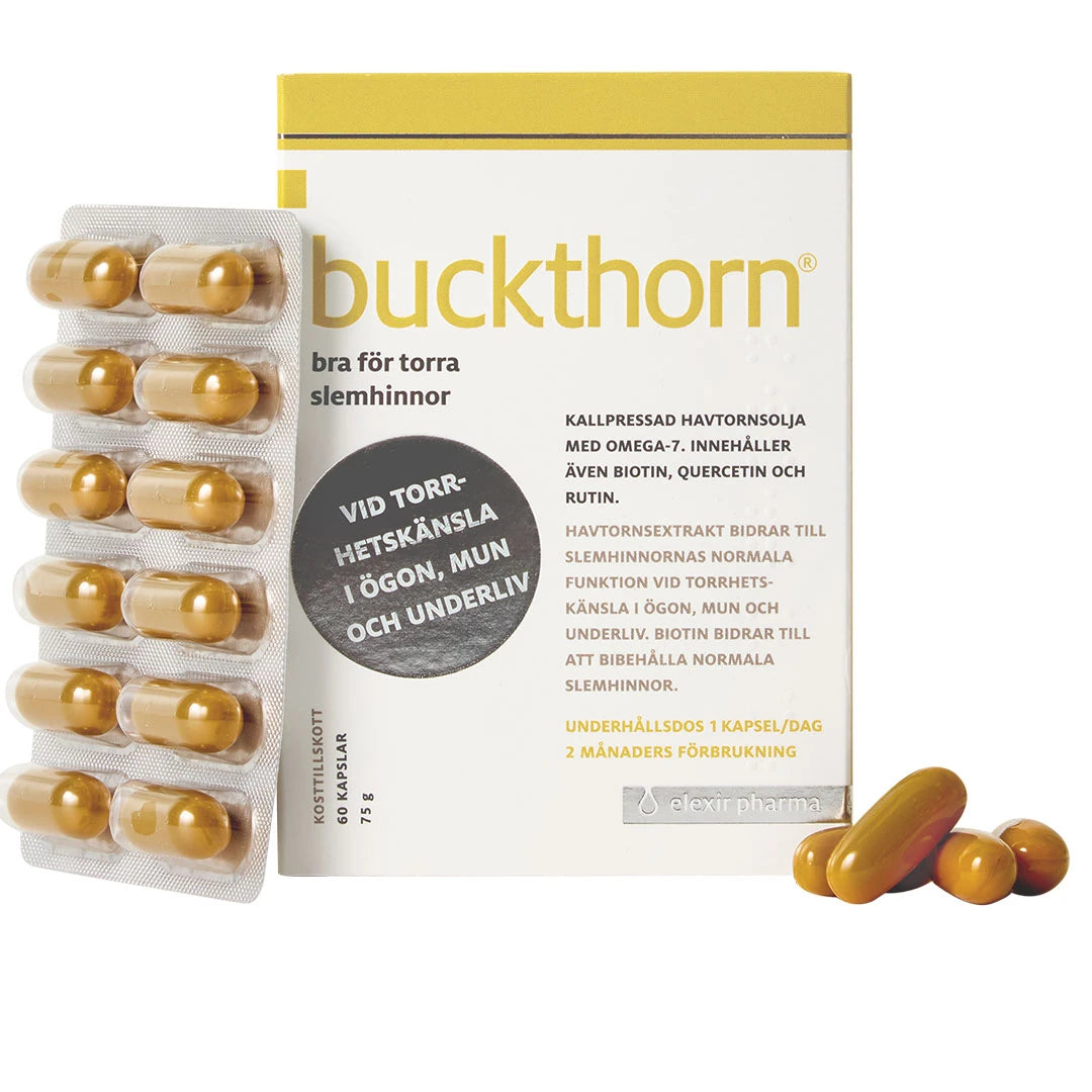 Elexir Pharma Buckthorn 60 caps, en hvit eske med gulldetaljer ved siden av et blisterbrett med gylne kapsler.