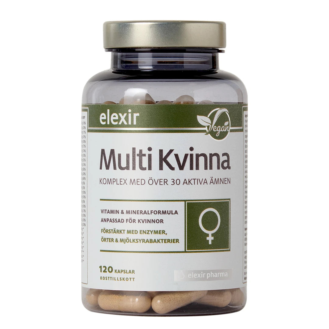 Elexir Pharma Multi Kvinna 120 caps i en gjennomsiktig boks med metallokk og hvit etikett med grønne detaljer.