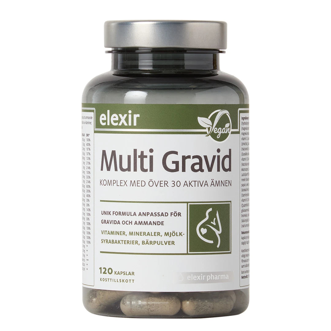 Elexir Pharma Multi Gravid 120 caps multivitamin i en mørk, gjennomsiktig boks med sølvlokk og grønn-hvit etikett.