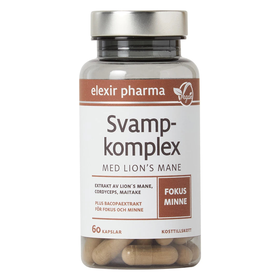 Elexir Pharma Svampkomplex med Lions mane 60 caps i en gjennomsiktig boks med hvit etikett og sølvlokk.