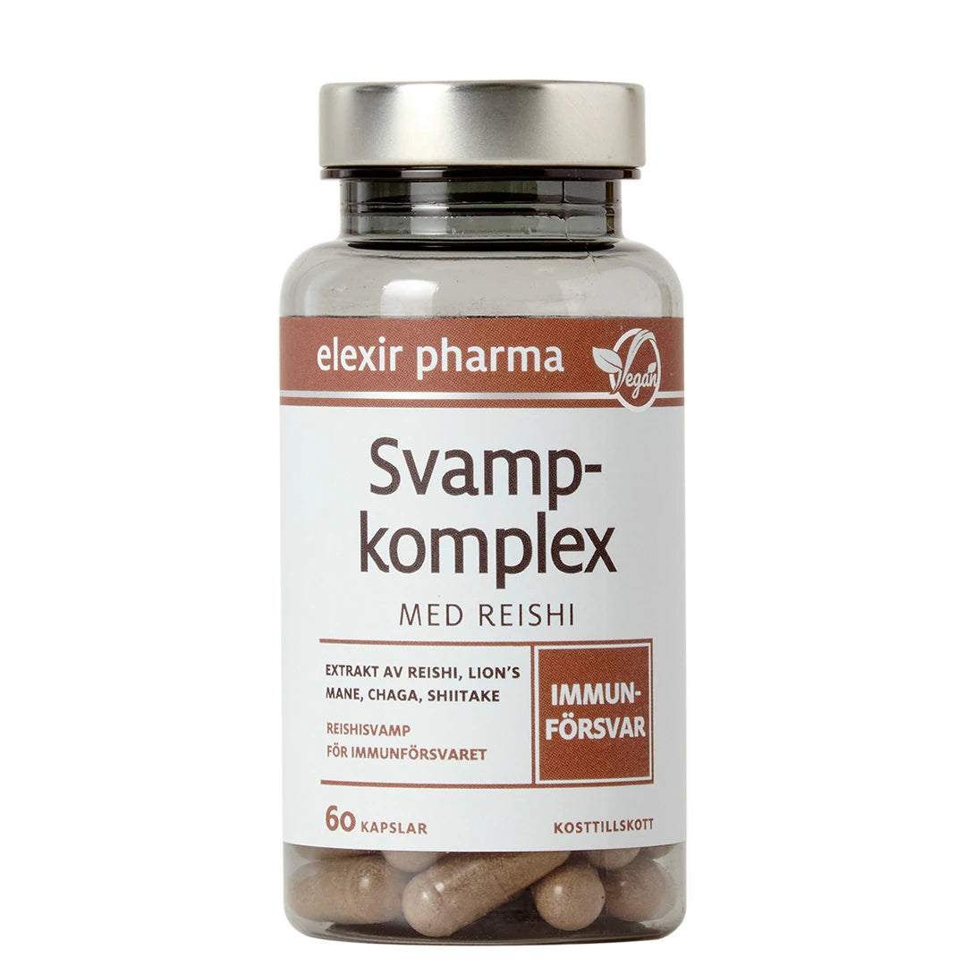 Elexir Pharma Svampkomplex med Reishi 60 caps i en gjennomsiktig boks med hvit etikett og sølvfarget lokk.