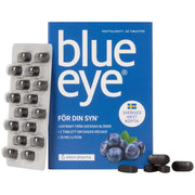 Elexir Pharma Blue Eye 32 tabs, ett kosttillskott i blå ask med mörka tabletter och blisterkarta för ögonhälsa.