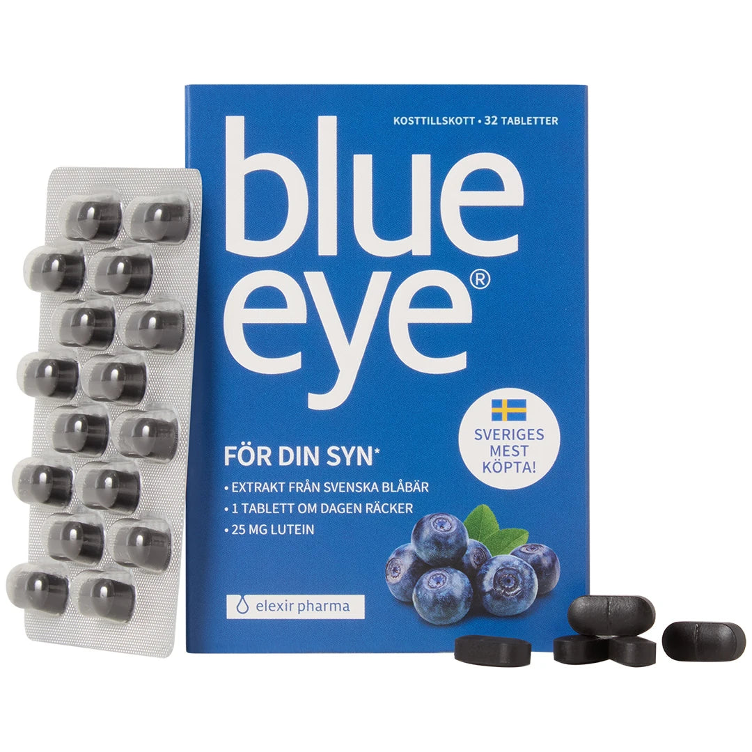 Elexir Pharma Blue Eye 32 tabs, et kosttilskudd i en blå eske med mørke tabletter og blisterbrett for øyehelse.