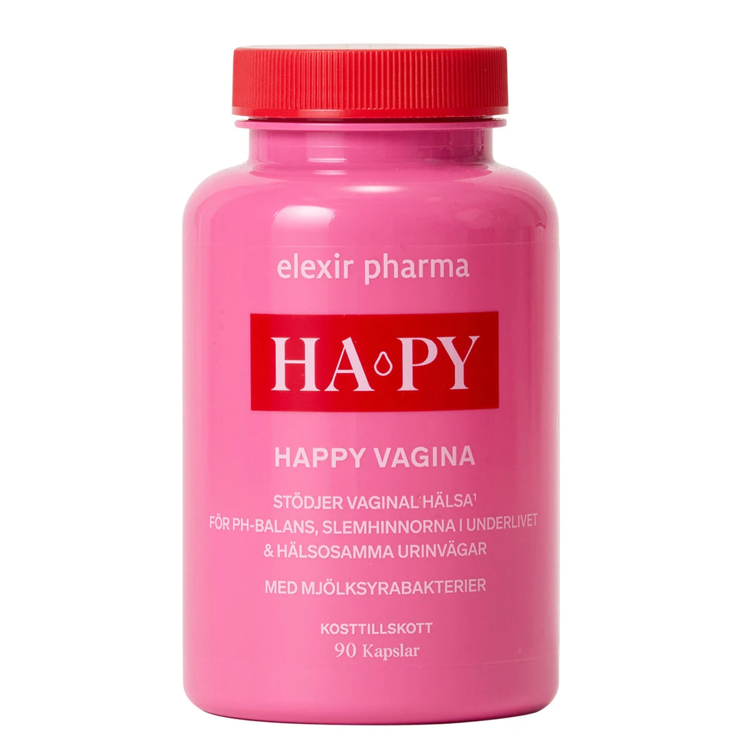 Elexir Pharma HA-PY 90 caps, kosttilskudd for vaginal helse i en rosa boks med rødt lokk.