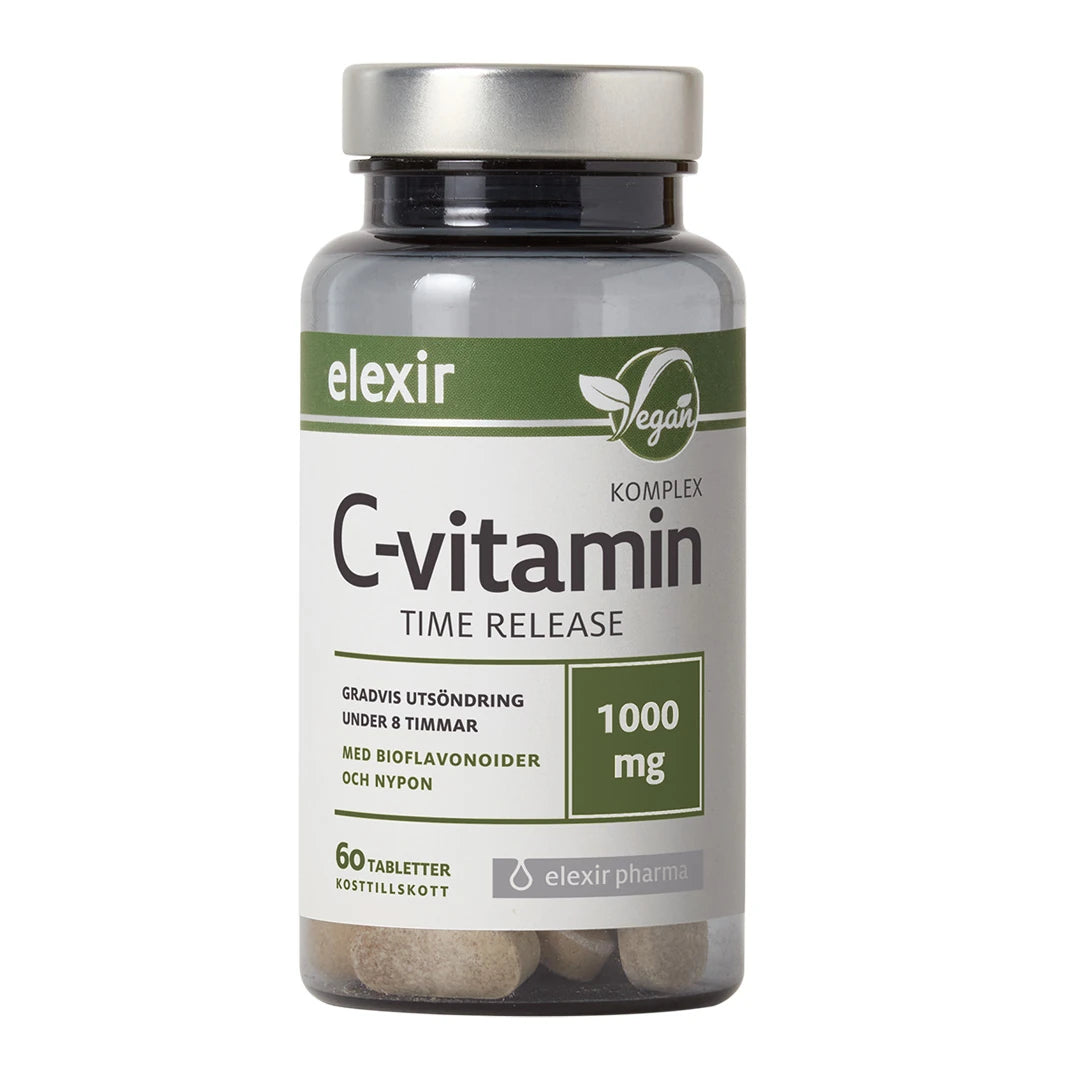 Elexir Pharma C-Vitamin Komplex Time Release 60 tabs i en gjennomsiktig boks med hvit etikett og sølvlokk.