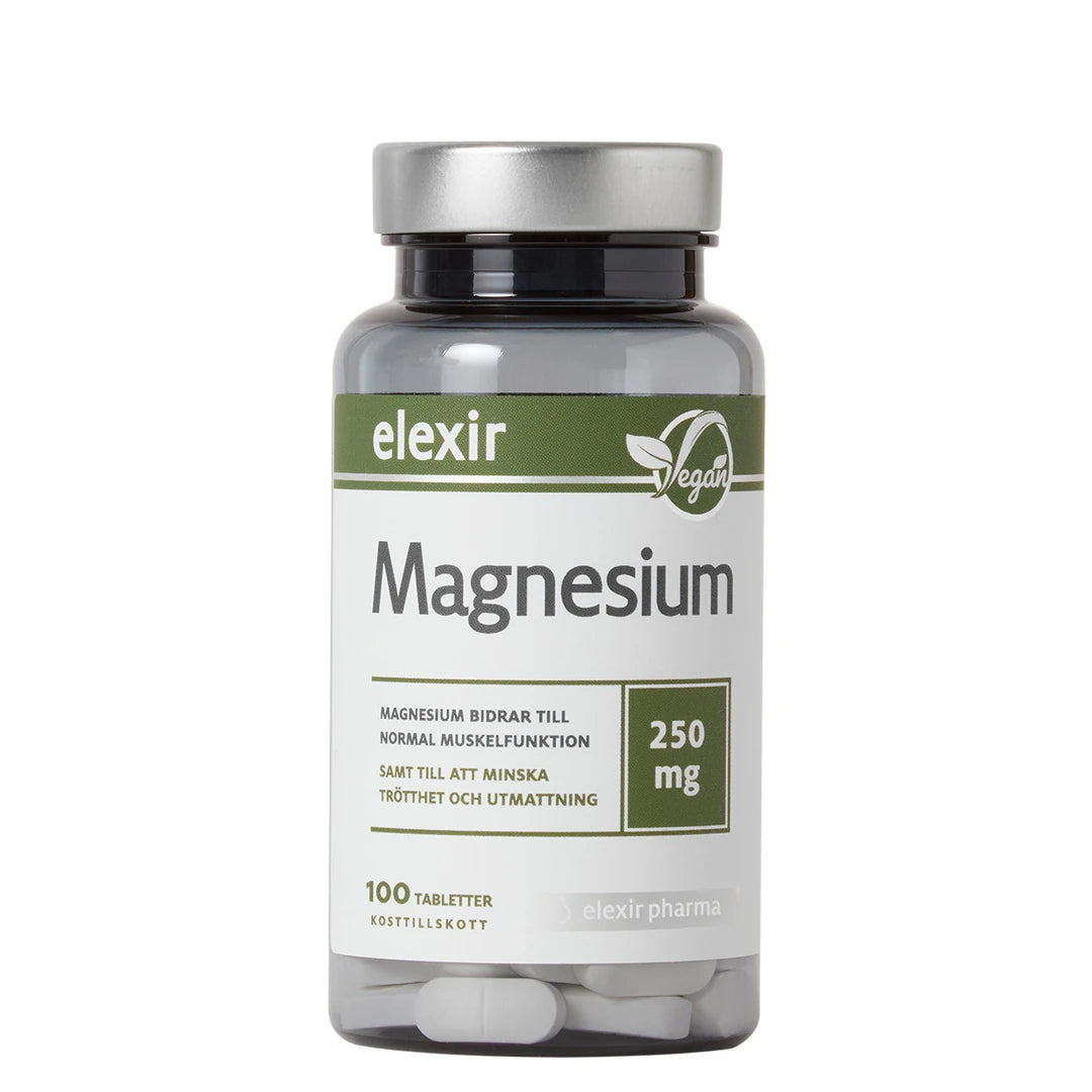 Elexir Pharma Magnesium 250 mg 100 tabs pakket i en mørk plastboks med sølvlokk og hvit-grønn etikett.