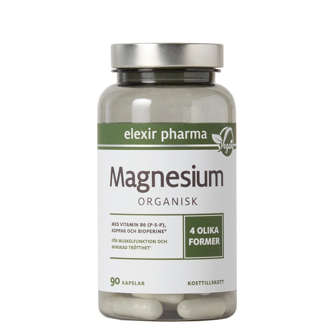 Elexir Pharma Magnesium Organisk 90 caps i en transparent boks med sølvlokk og hvit etikett med grønne detaljer.