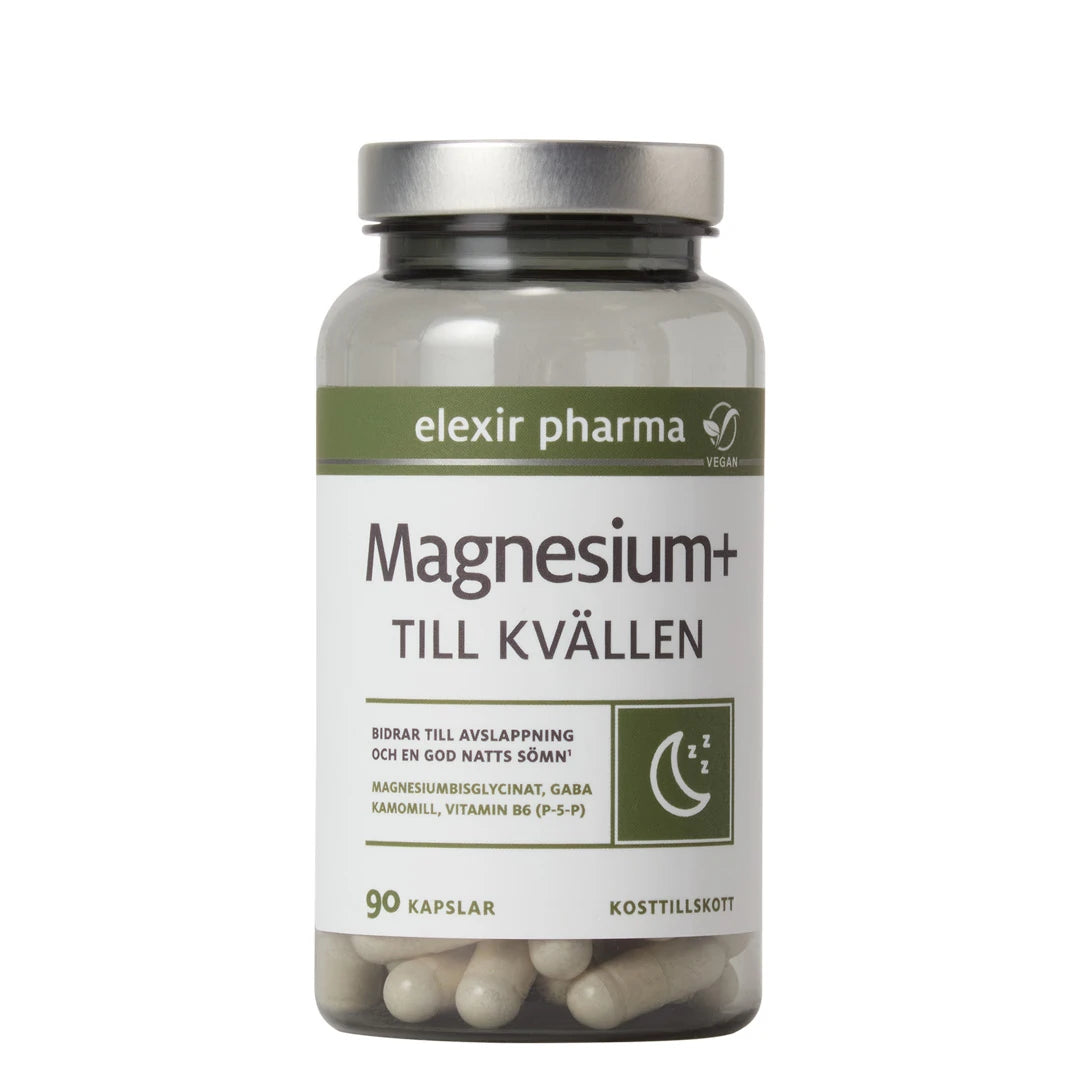 Elexir Pharma Magnesium+ Til kvelden 90 caps i en gjennomsiktig boks med grønn og hvit etikett og sølvlokk.