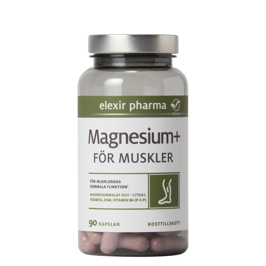 Elexir Pharma Magnesium+ for muskler 90 kapsler i en transparent plastboks med sølvlokk og hvit etikett.