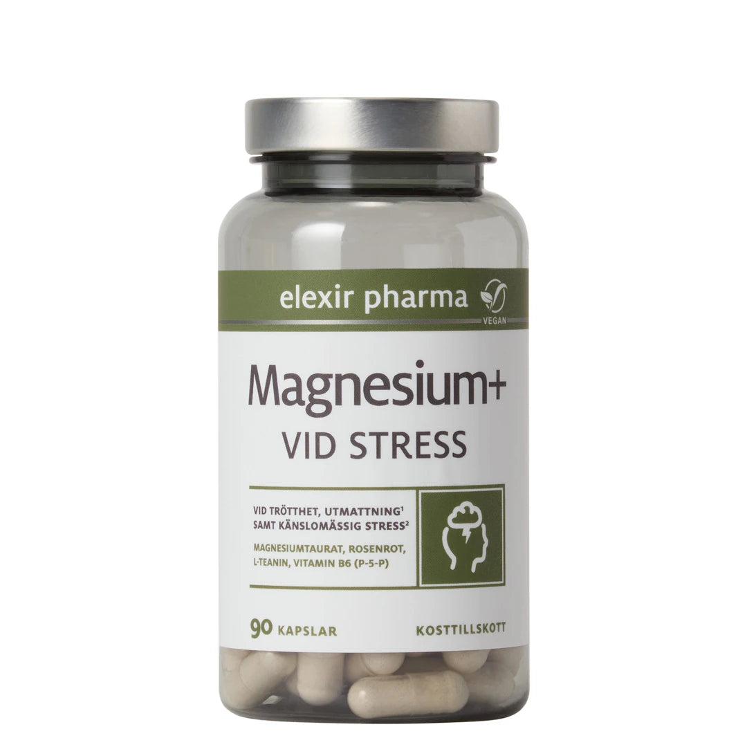 Elexir Pharma Magnesium+ Ved stress 90 kapsler i en transparent boks med grønn og hvit etikett og sølvfarget lokk.