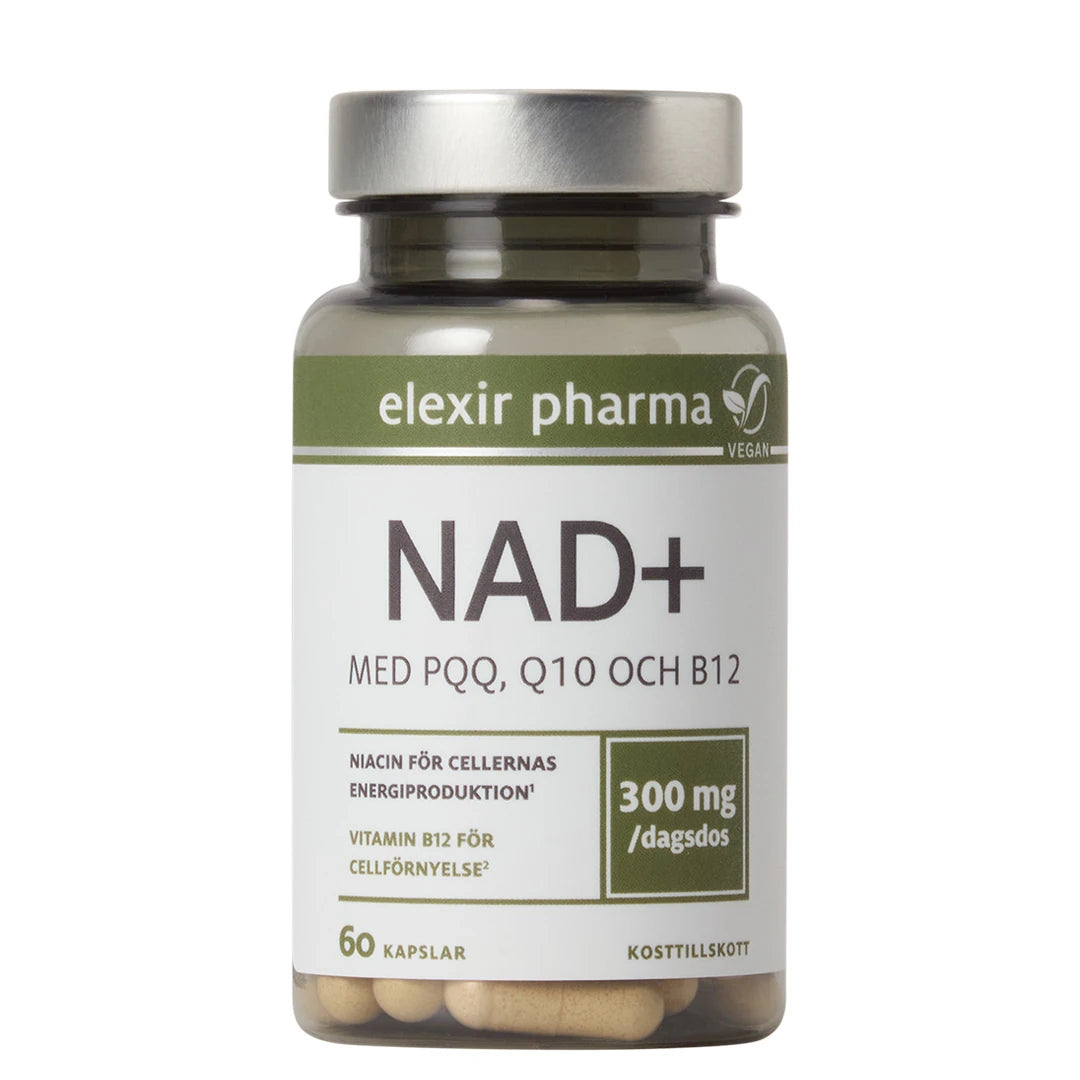 Elexir Pharma NAD+ 60 caps i en transparent boks med sølvlokk, hvit etikett og grønne detaljer.