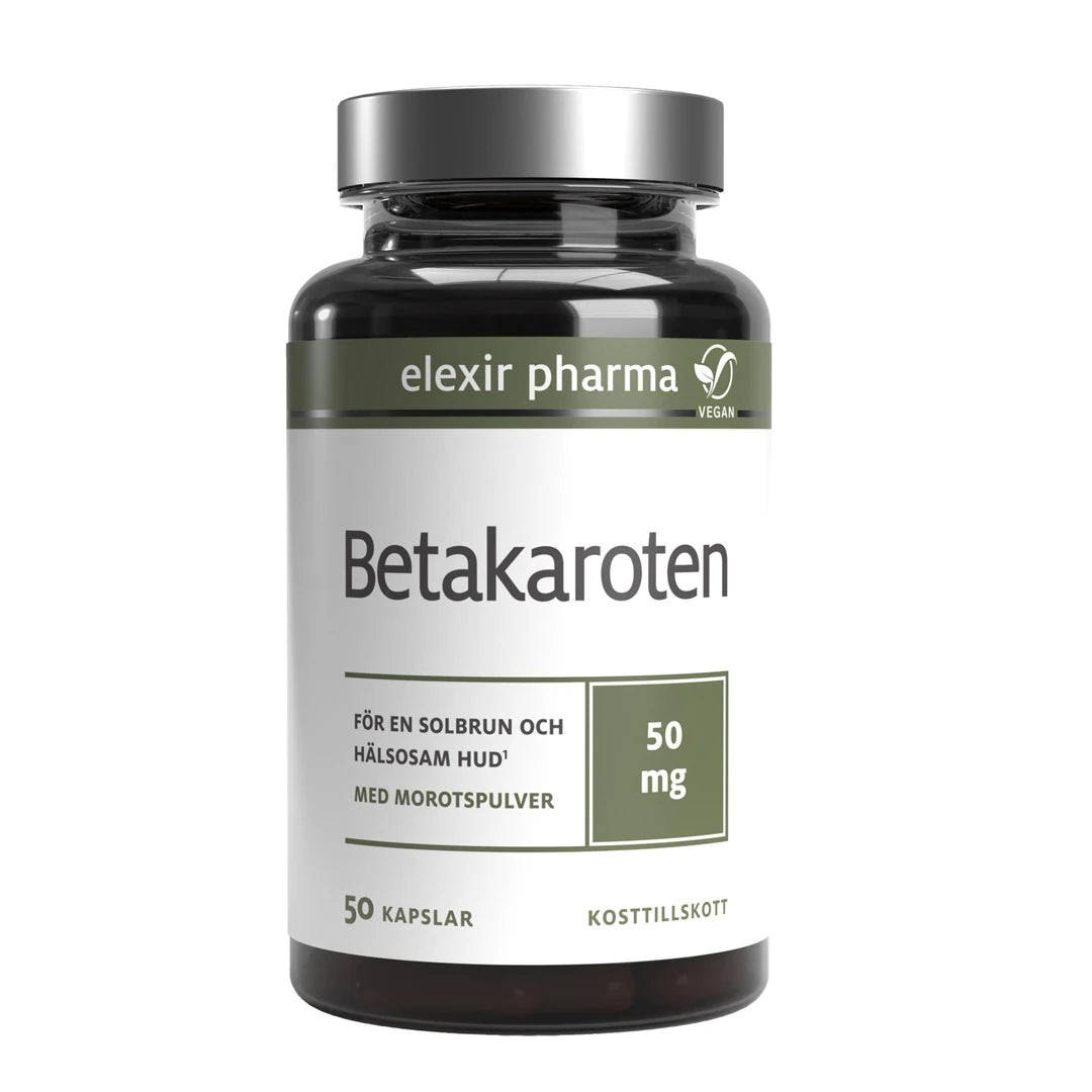 Elexir Pharma Betakaroten 50 mg 50 caps kosttilskudd i en mørk boks med sølvfarget lokk og hvit etikett med grønne detaljer.