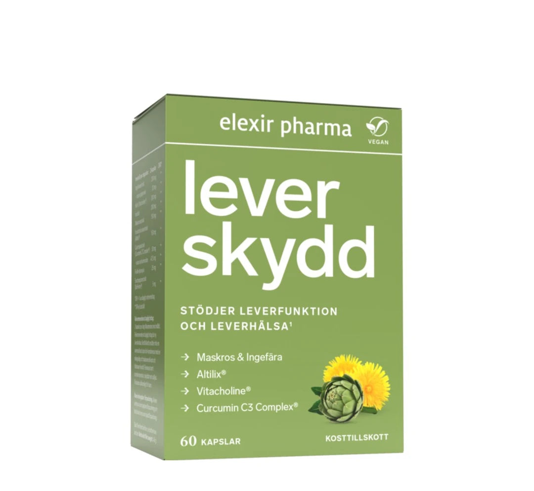 Elexir Pharma Leverskydd 60 caps i en grønn eske for helsekost med plantemotiv av løvetann og artisjokk.