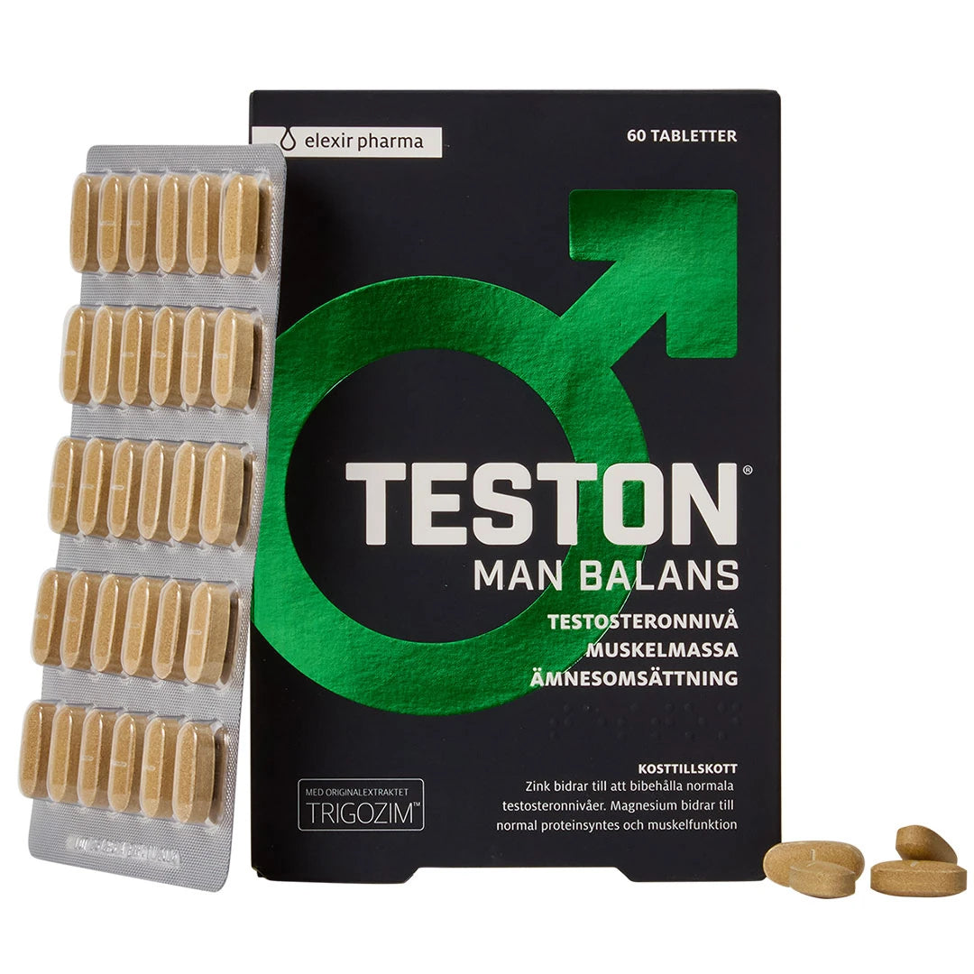 Elexir Pharma Teston Man Balans 60 tabs i en svart eske med grønne detaljer, vist med et brett med beige tabletter.