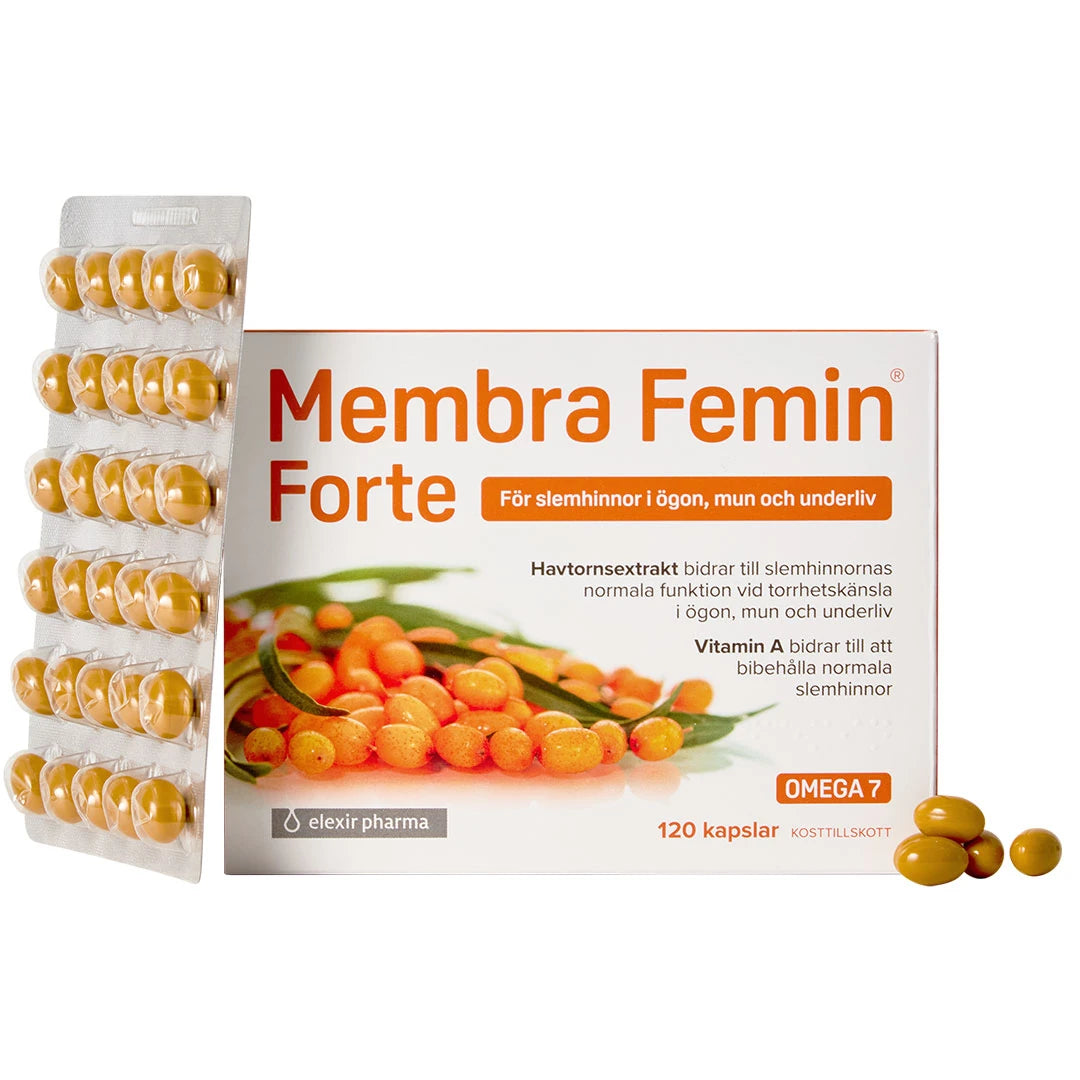 Elexir Pharma Membra Femin Forte 120 caps kosttilskudd for slimhinner i en hvit eske med oransje detaljer og blisterpakninger.