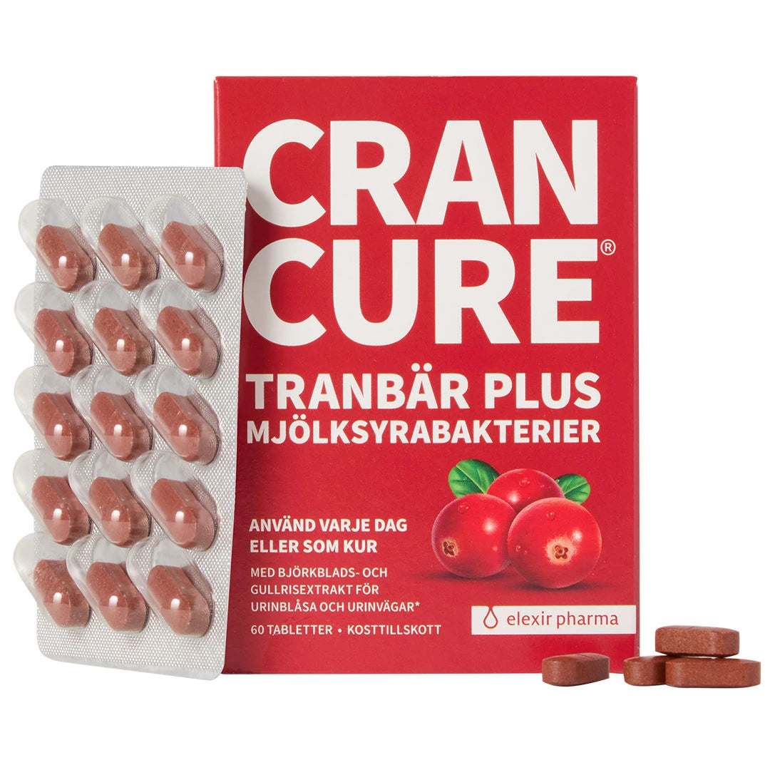 Elexir Pharma Cran Cure 60 tabs kosttilskudd for urinveiene i rød eske med brune tabletter i blisterbrett.