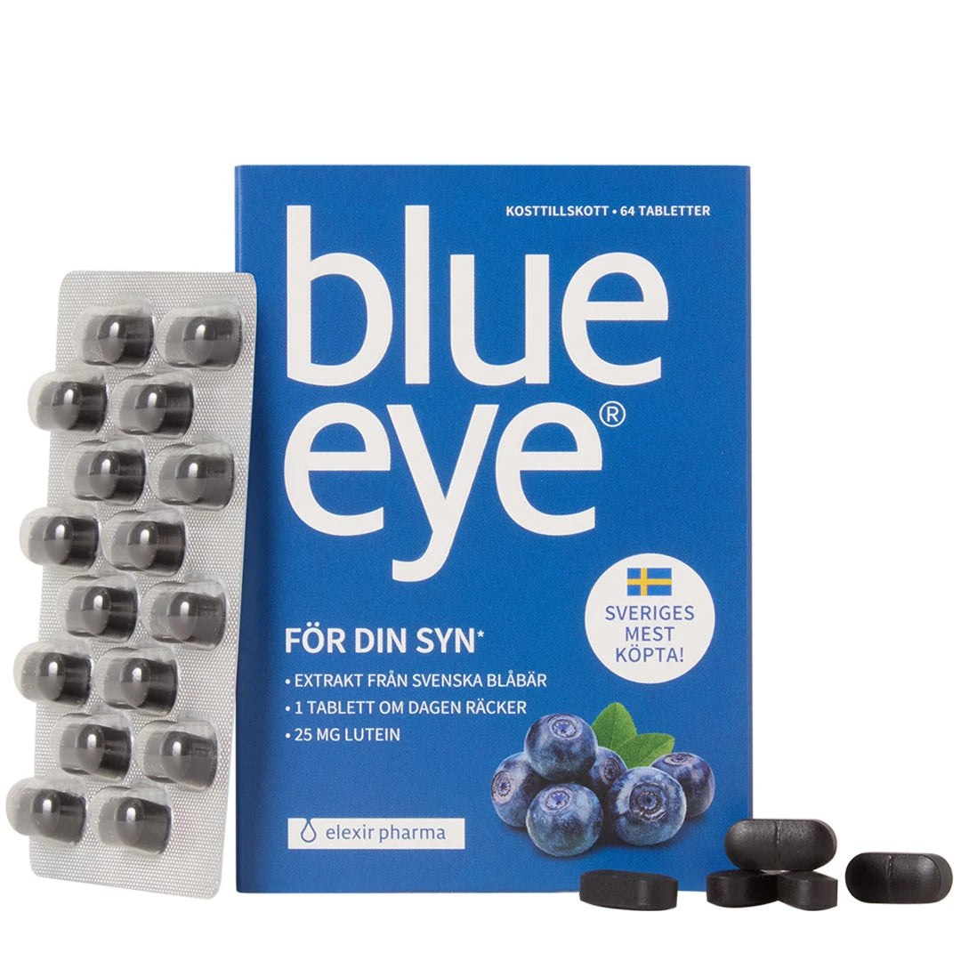 Elexir Pharma Blue Eye 64 tabs, kosttilskudd i en blå eske ved siden av en blisterpakning med mørke tabletter og blåbær.
