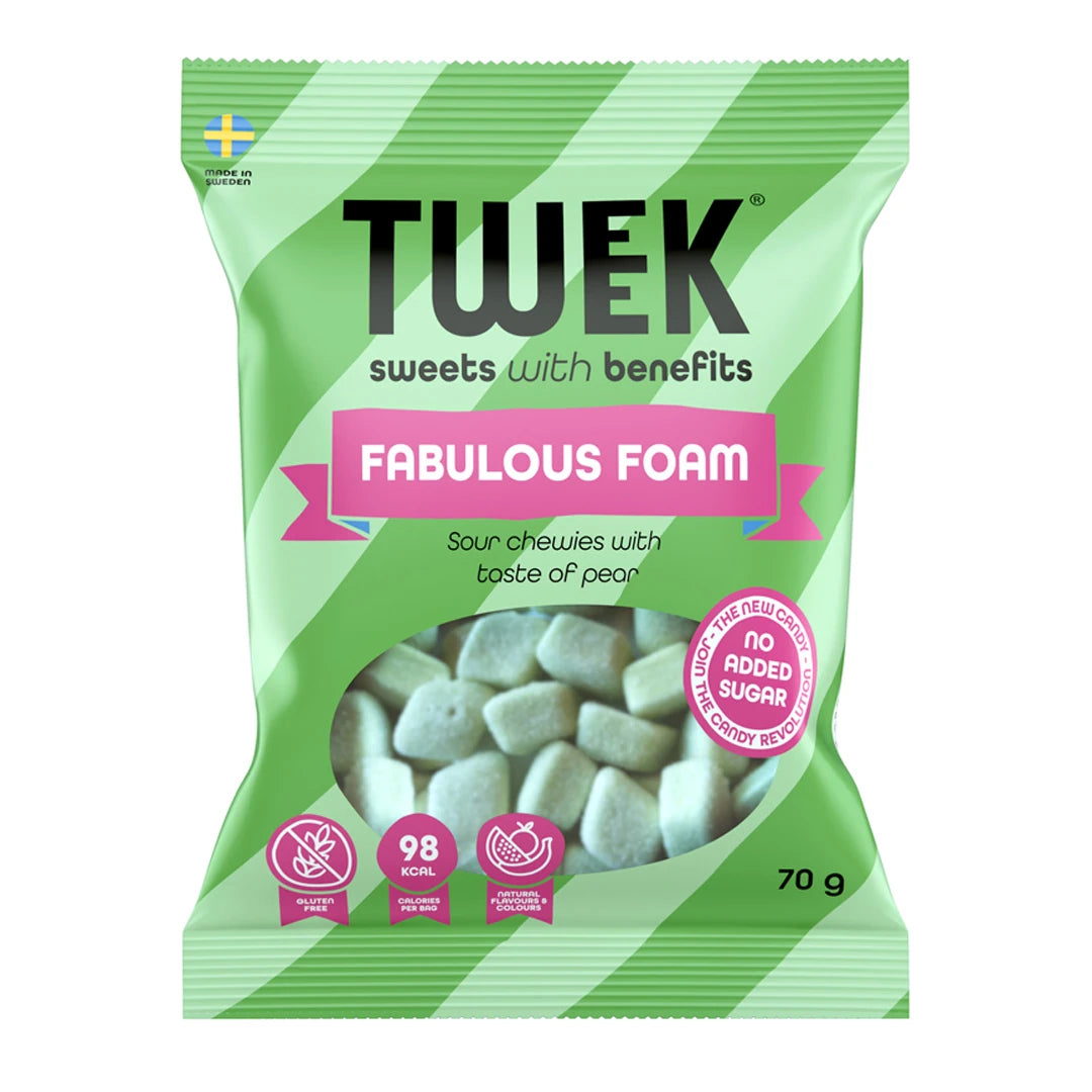Tweek Sweets 70 g skumgodteri i en grønnstripet pose med rosa tekst for smaken Fabulous Foam.