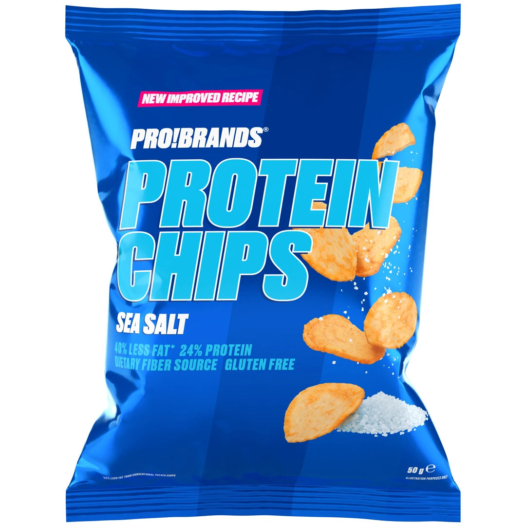 Pro Brands Protein Chips 50 g, proteinberikede chips i en blå pose med smaken Sea Salt.
