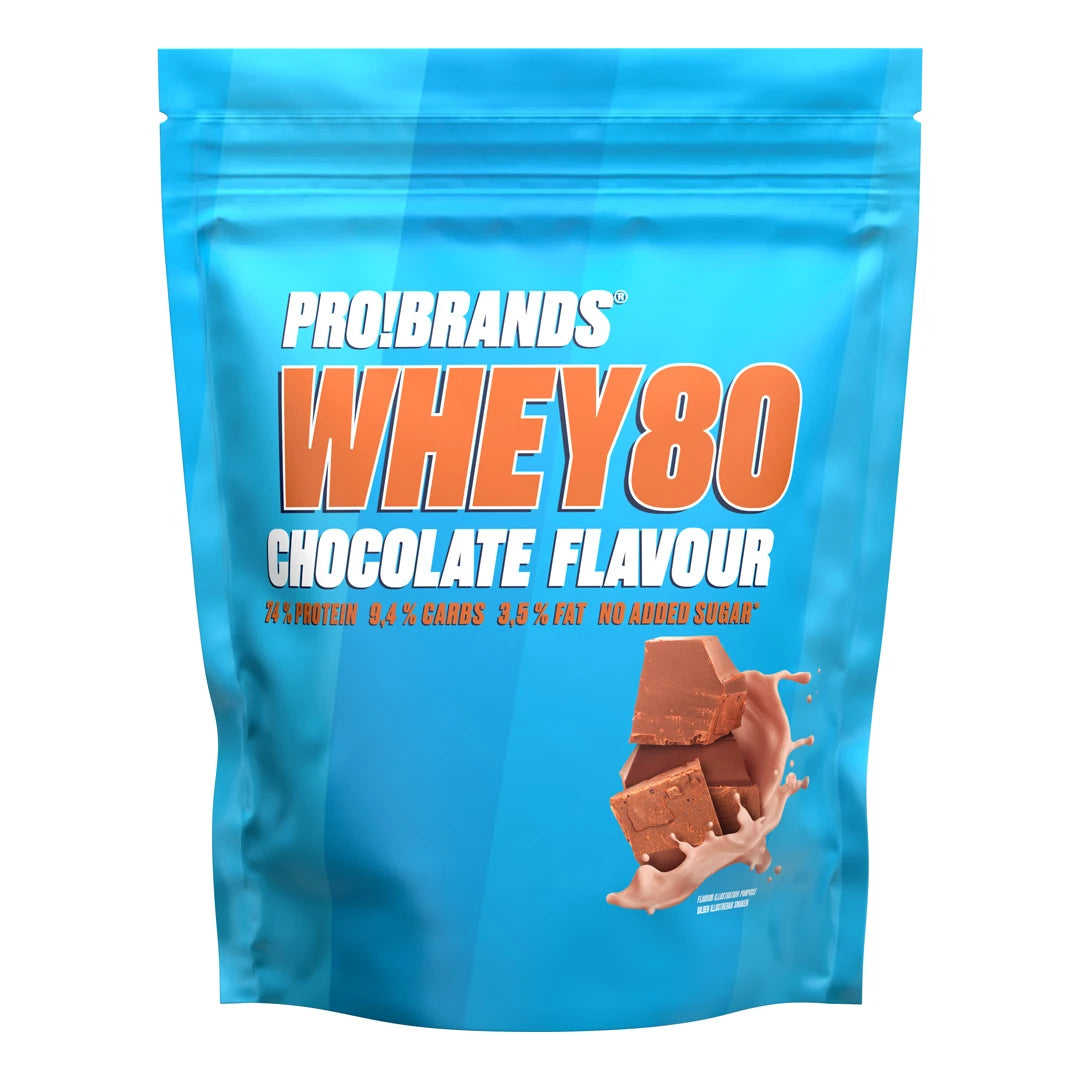 Pro Brands Whey Powder 500 g proteinpulver i en lyseblå pose med oransje tekst for smaken Chocolate.