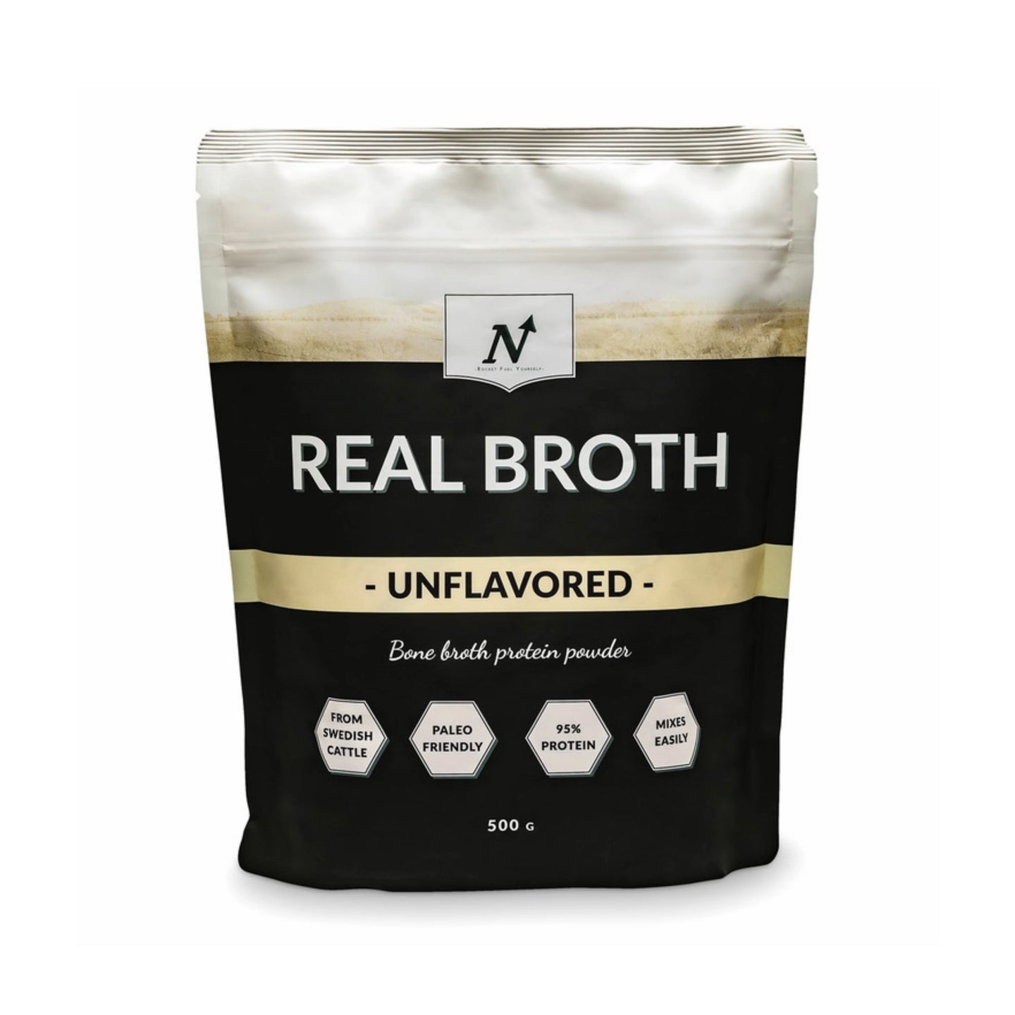 Nyttoteket Real Broth 500 g benbuljongpulver i en svart og hvit pose for smaken Unflavoured., bilde 1 av 2