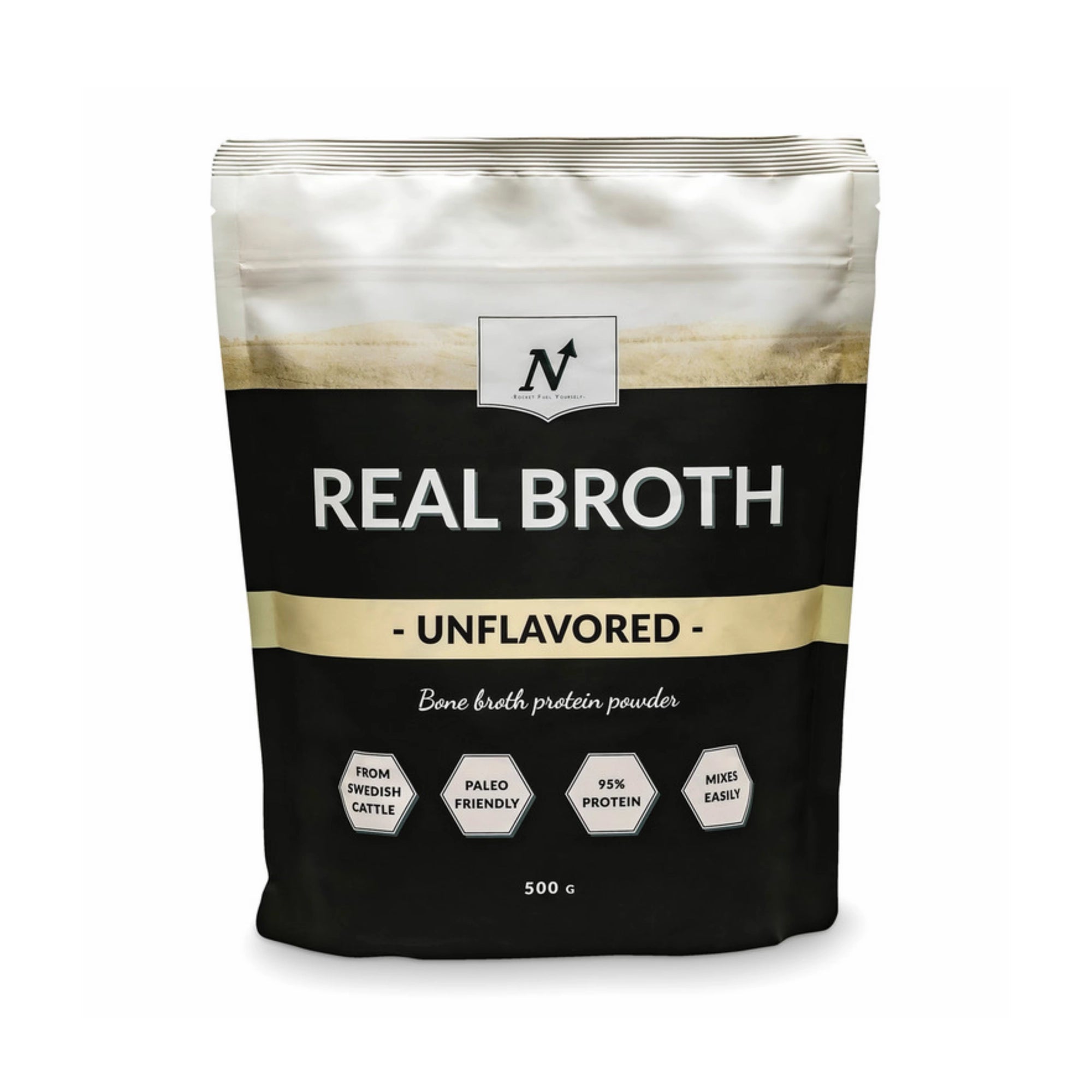 Nyttoteket Real Broth 500 g benbuljongpulver i en svart og hvit pose for smaken Unflavoured., bilde 1 av 2