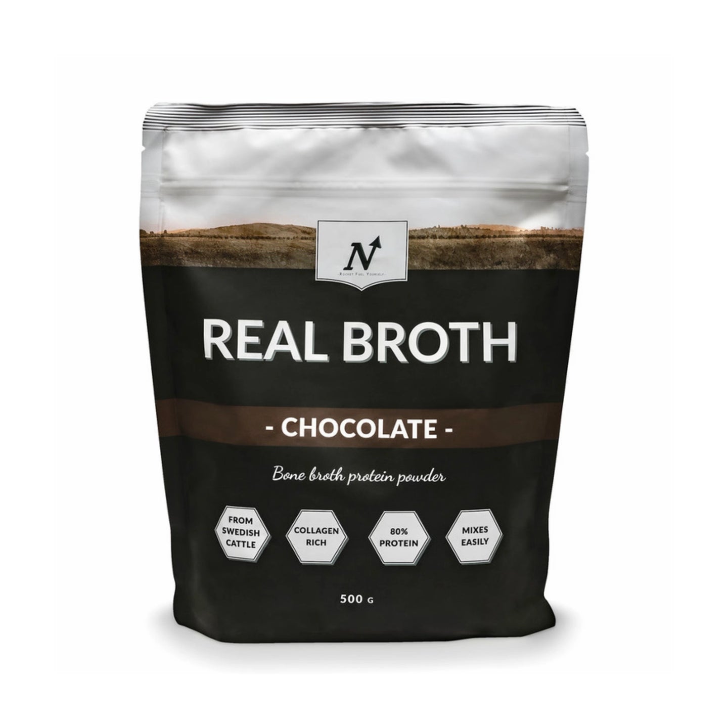 Nyttoteket Real Broth 500 g benbuljongpulver i en svart og hvit pose med brune detaljer for smaken Chocolate., bilde 2 av 2