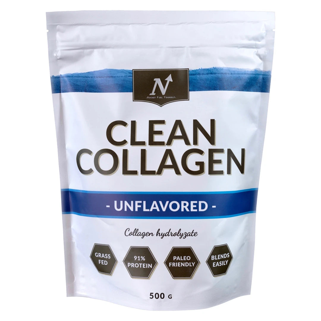 Nyttoteket Clean Collagen 500 g kollagenpulver i en hvit pose med blå detaljer og naturell smak.