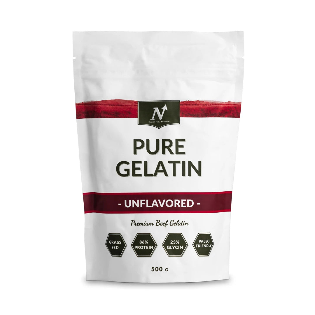 Nyttoteket Pure Gelatin 500 g gelatinpulver i en hvit pose med røde detaljer og naturell smak.