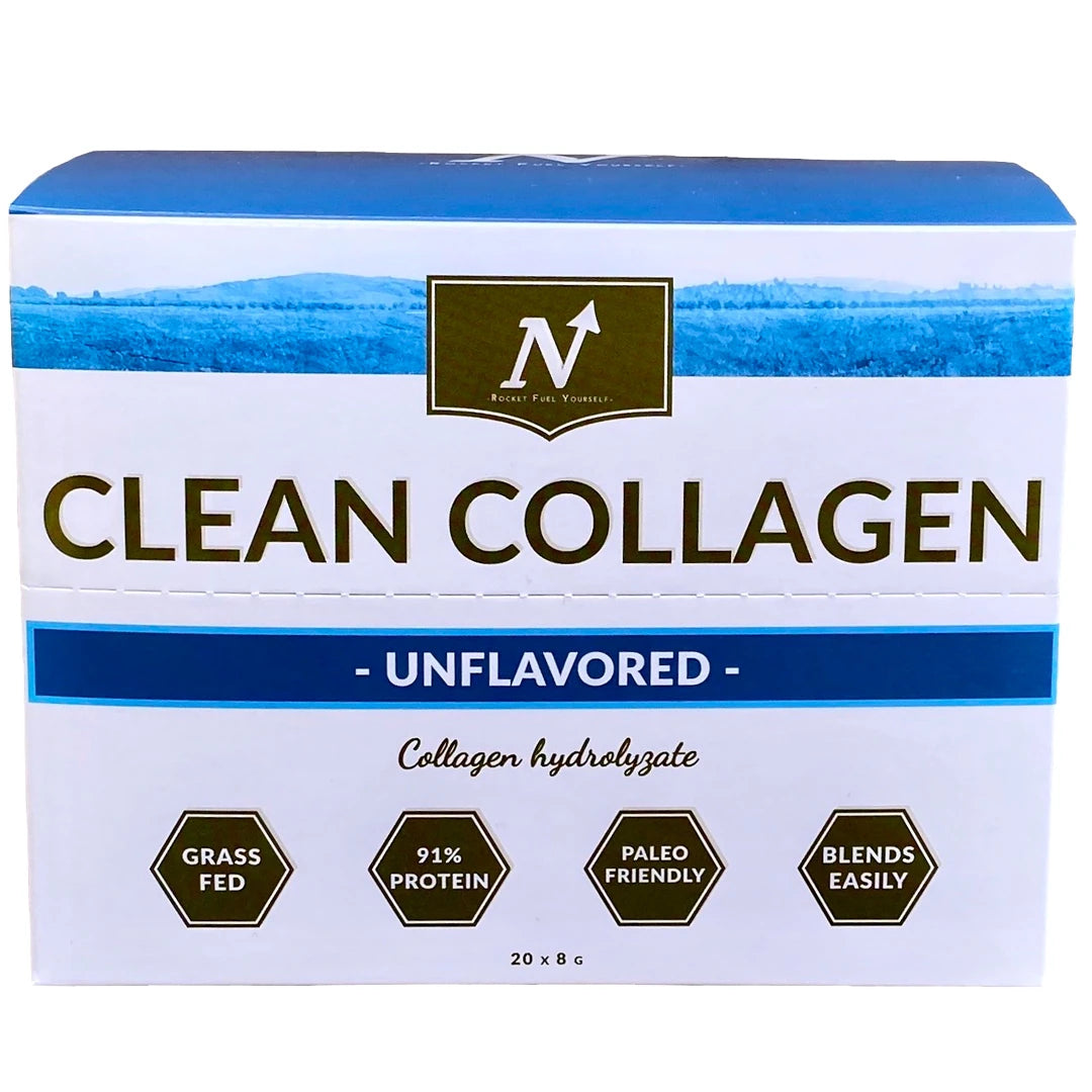Nyttoteket Clean Collagen - Stickpack 20 x 8 g, naturelt kollagenpulver i en hvit eske med blå detaljer.
