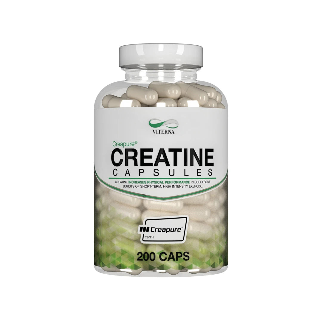 Viterna Creapure® Kreatin 200 caps pakket i en gjennomsiktig boks med hvit etikett og grønne detaljer.