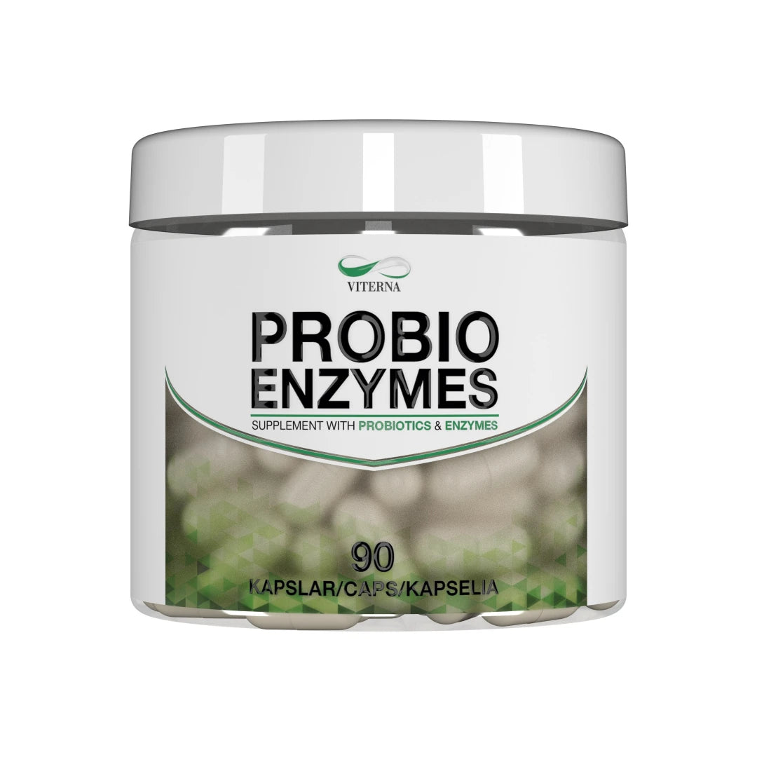 Viterna Probio Enzymes 90 caps pakket i en hvit boks med stilrene grønne detaljer og synlige kapsler på etiketten.