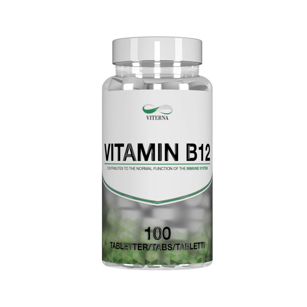 Viterna Vitamin B12 100 tabs i en transparent boks med hvit etikett og grønne detaljer.