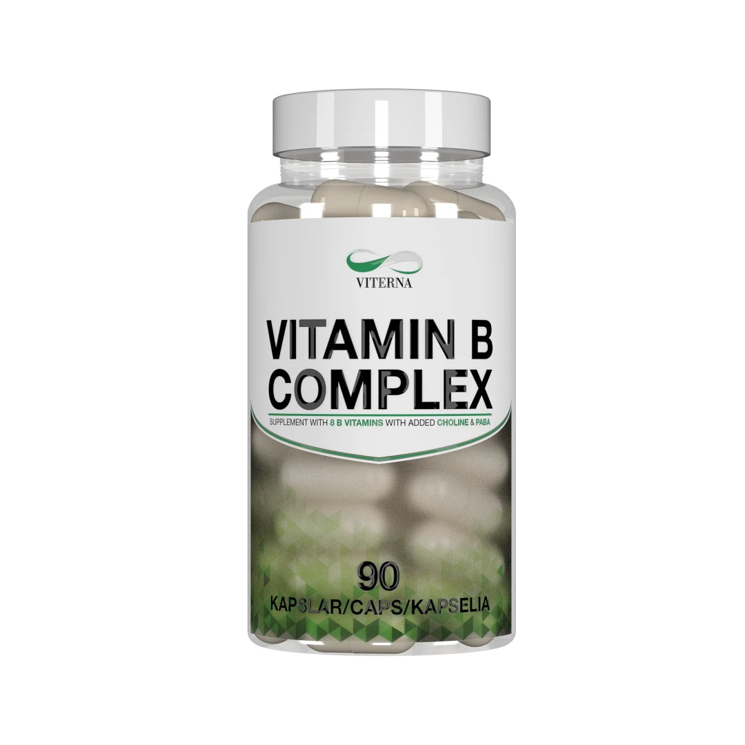 Viterna Vitamin-B Complex 90 caps i en gjennomsiktig plastboks med hvite og grønne detaljer på etiketten.