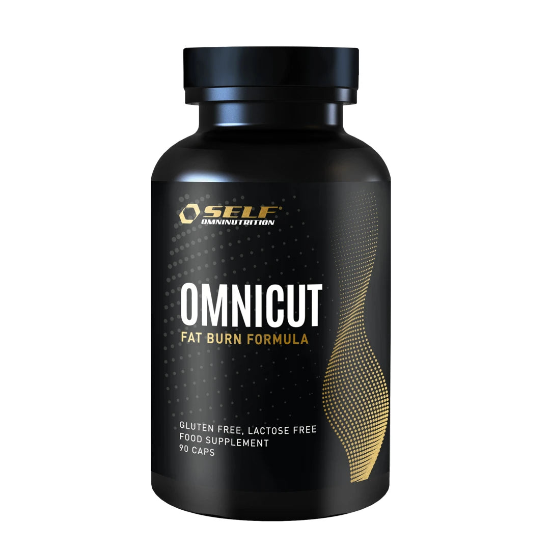 Self Omninutrition Omnicut 90 caps fettforbrenner i en svart boks med gulldetaljer og hvit tekst.