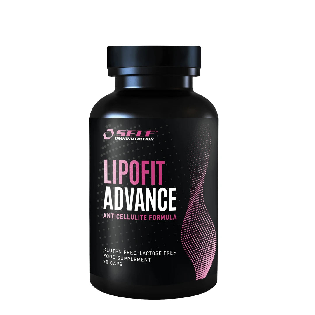 Self Omninutrition Lipo Fit Advance 90 caps fettforbrenner i en svart boks med rosa og hvite detaljer på etiketten.