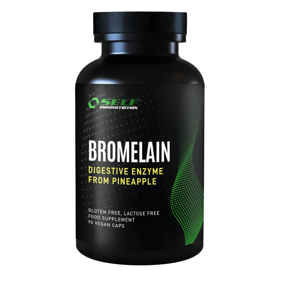 Self Omninutrition Bromelain 90 caps kosttilskudd i en svart boks med grønn og hvit tekst.