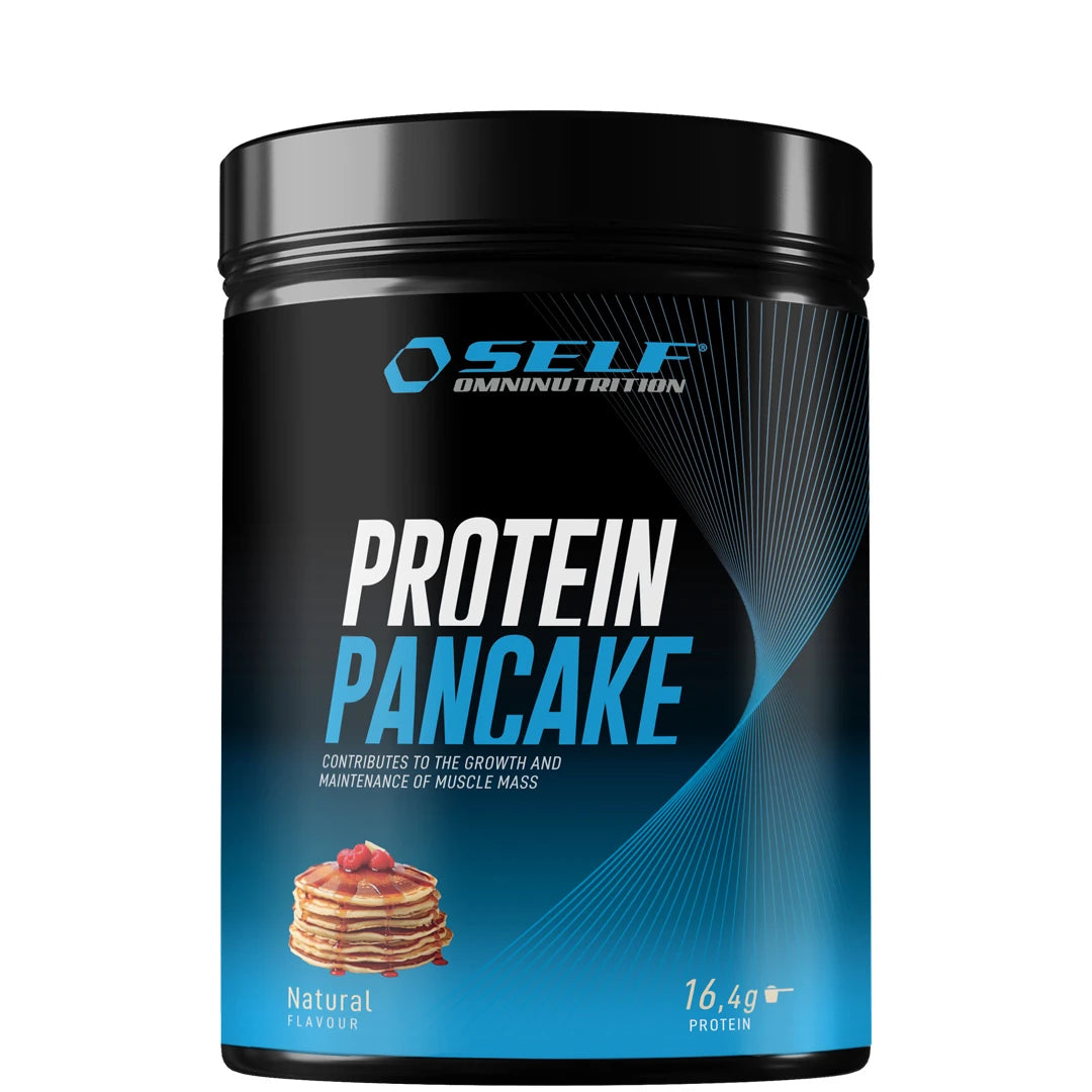 Self Omninutrition Protein Pancake 320 g proteinpannekakepulver i en svart boks med blå detaljer og smaken Naturell.