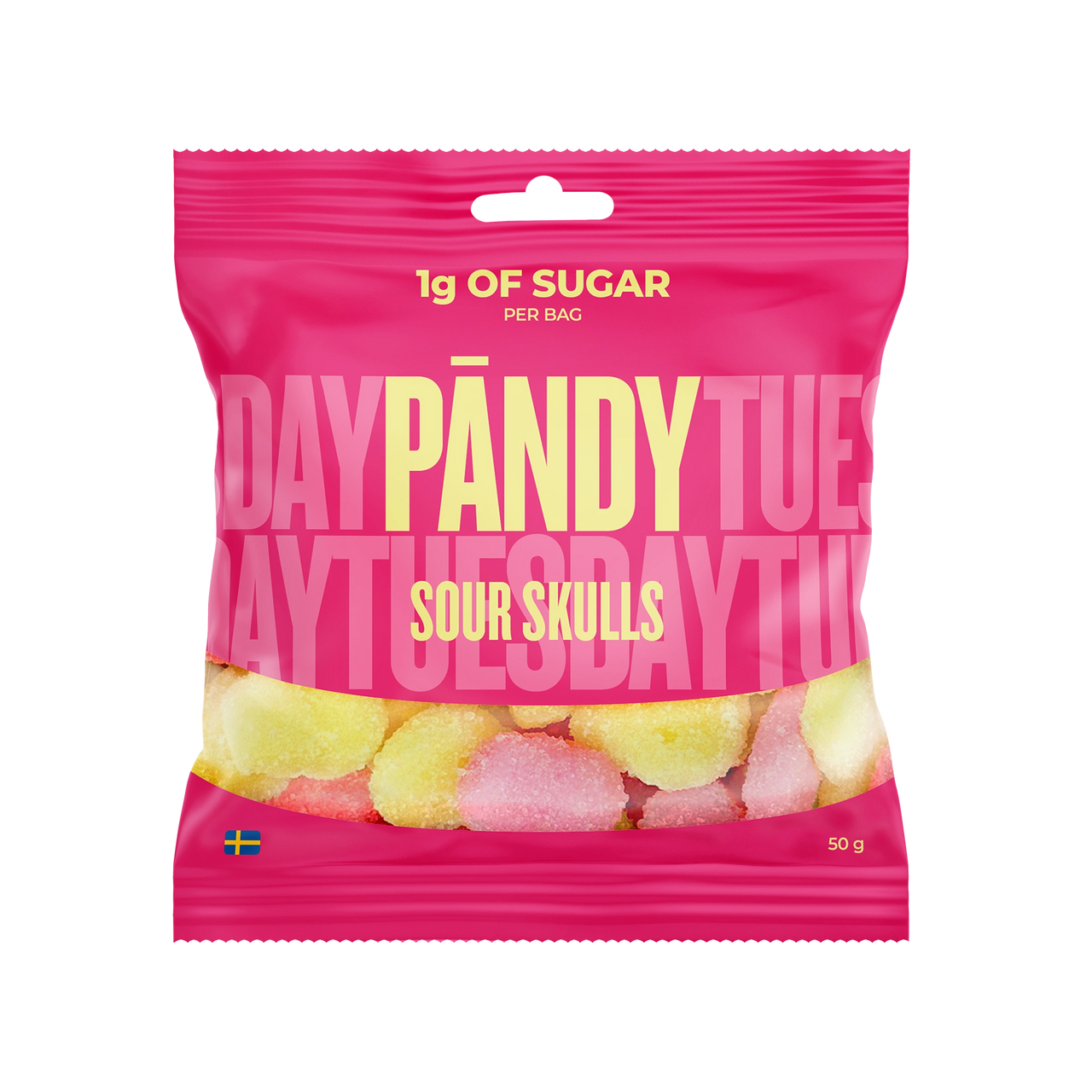 Pändy Candy 50 g Sour Skulls i en rosa pose fylt med gule og rosa sure skumgodterier.