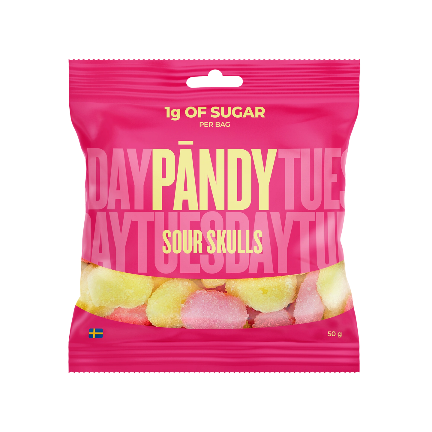 Pändy Candy 50 g Sour Skulls i en rosa pose fylt med gule og rosa sure skumgodterier., bilde 1 av 1