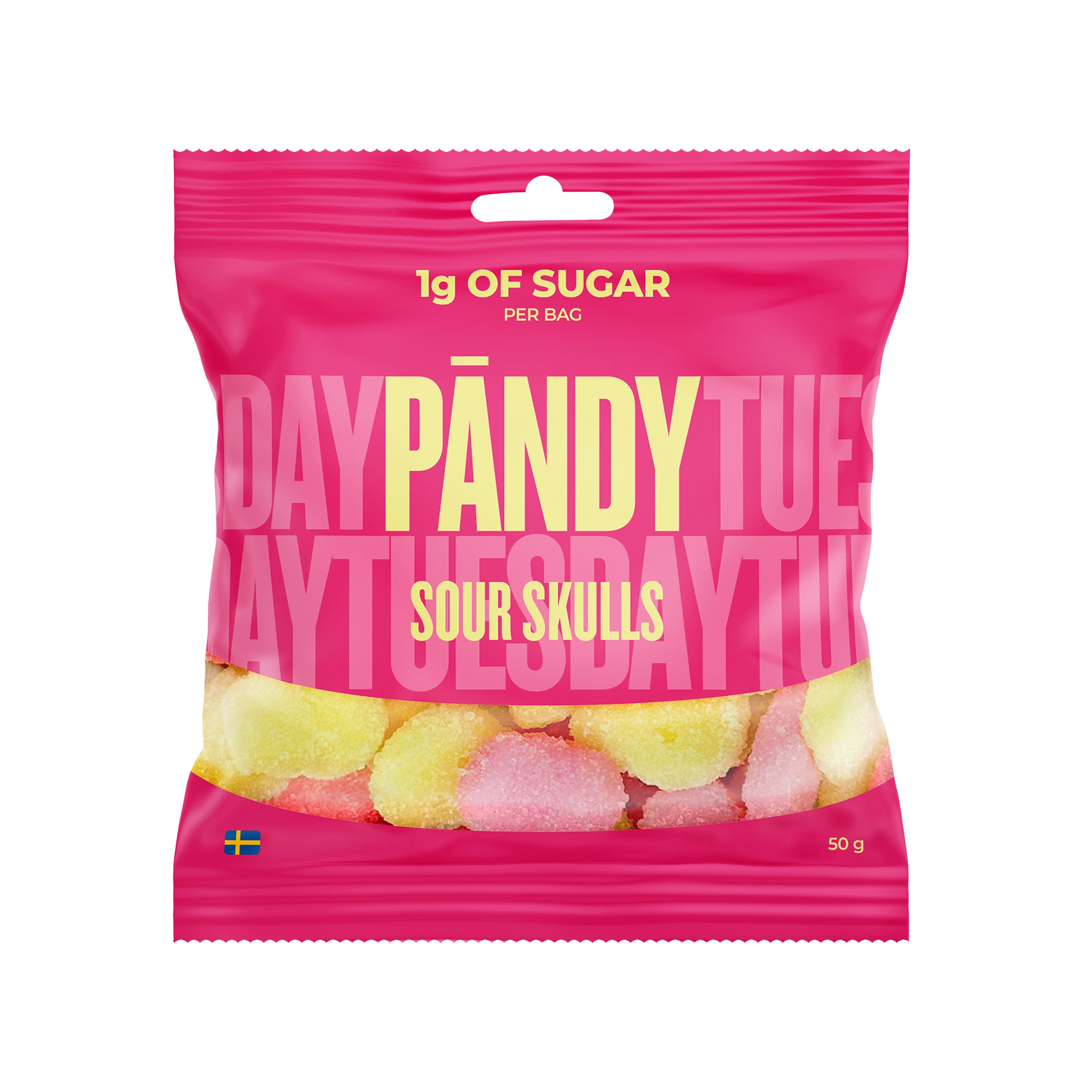 Pändy Candy 50 g Sour Skulls i en rosa pose fylt med gule og rosa sure skumgodterier., bilde 1 av 1