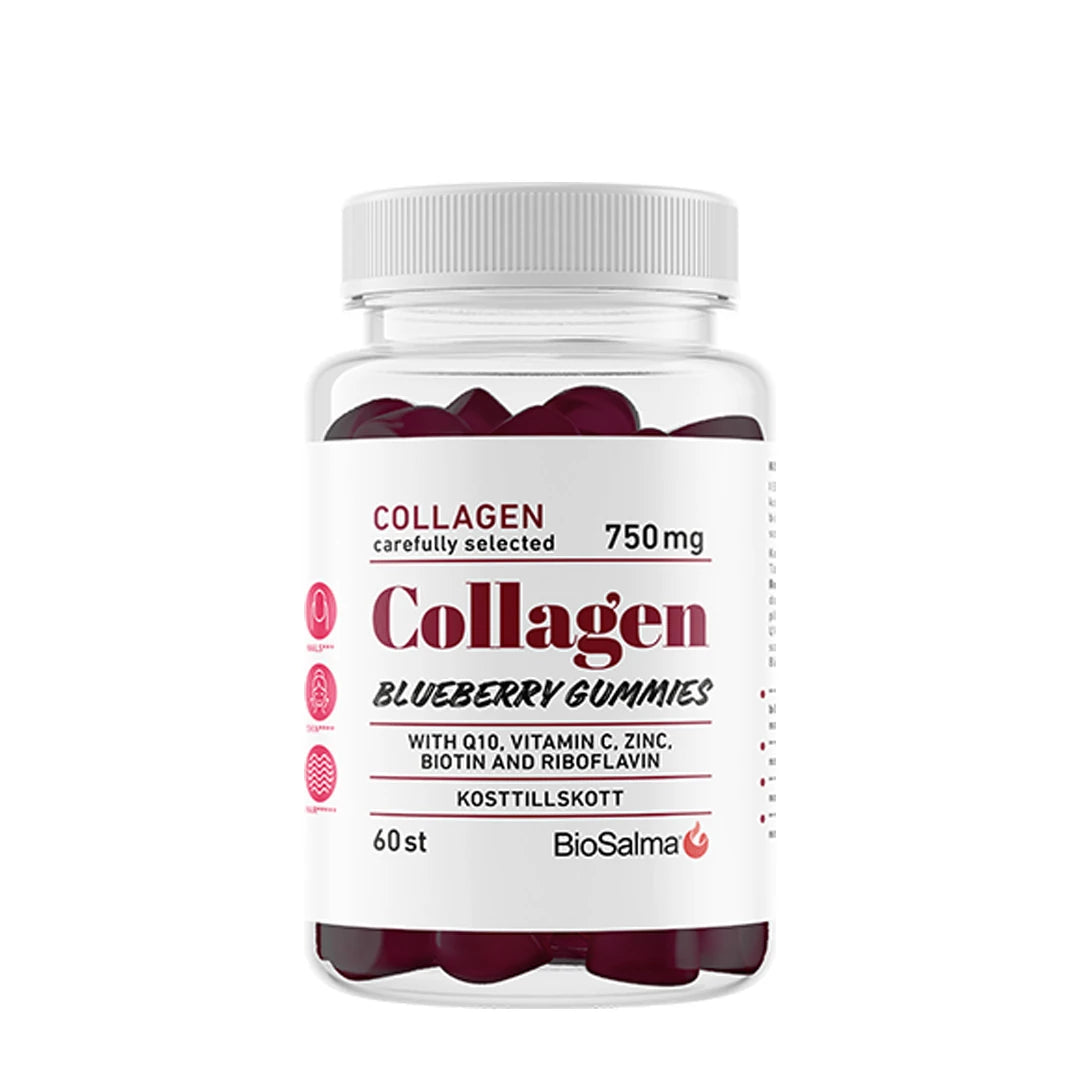 BioSalma Collagen Gummies 60 pcs i en gjennomsiktig boks med hvit etikett, fylt med mørkelilla gummies med blåbærsmak.