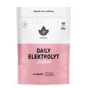 Pureness Daily Elektrolytpulver 200 g i en vit och rosa påse, med smak av jordgubb för daglig användning.