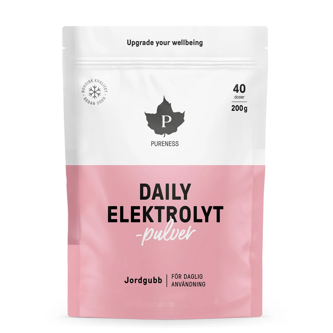 Pureness Daily Elektrolytpulver 200 g i en hvit og rosa pose med jordbærsmak for daglig bruk.