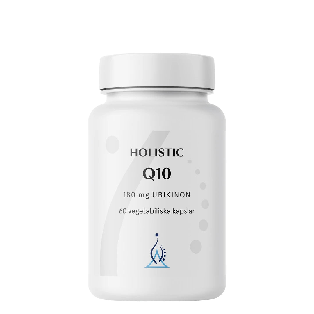 Holistic Q10 180 mg 60 caps kosttilskudd i en hvit plastboks med svarte og blå detaljer.