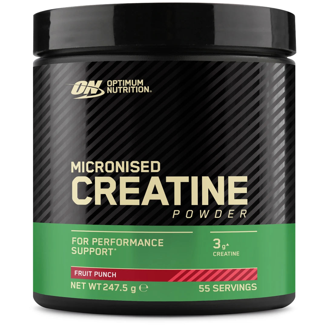 Optimum Nutrition Creatine Powder 247.5 g kreatin i en svart boks med grønn etikett for smaken Fruit Punch.