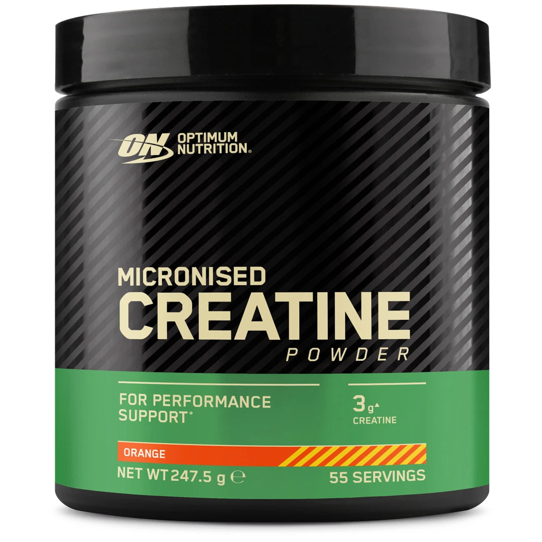 Optimum Nutrition Creatine Powder 247.5 g kreatin i en svart boks med grønne detaljer for smaken Orange., bilde 2 av 2