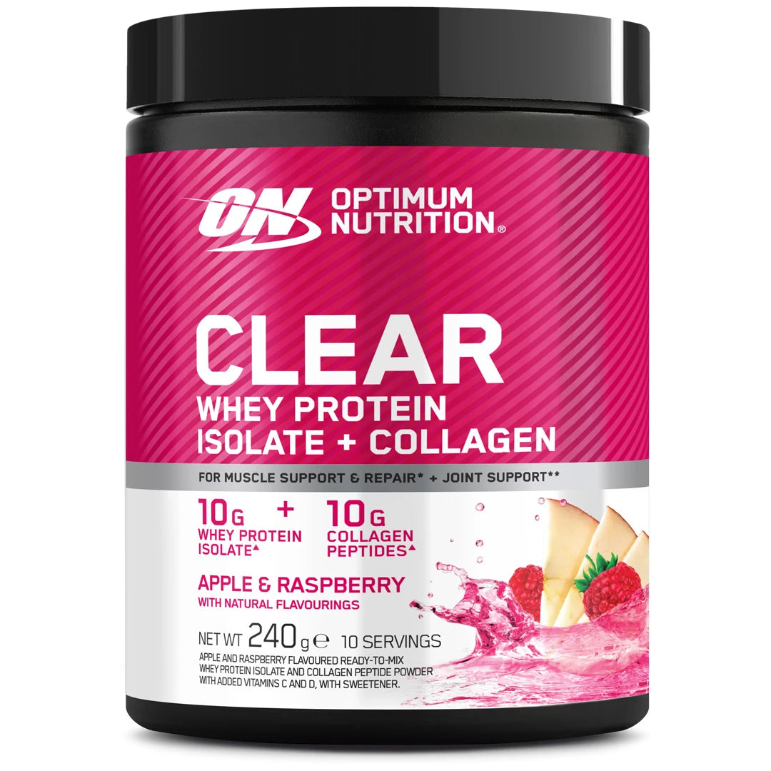 Optimum Nutrition Clear Whey + Collagen 240 g proteinpulver i en svart boks med rosa etikett for smaken Apple Raspberry.